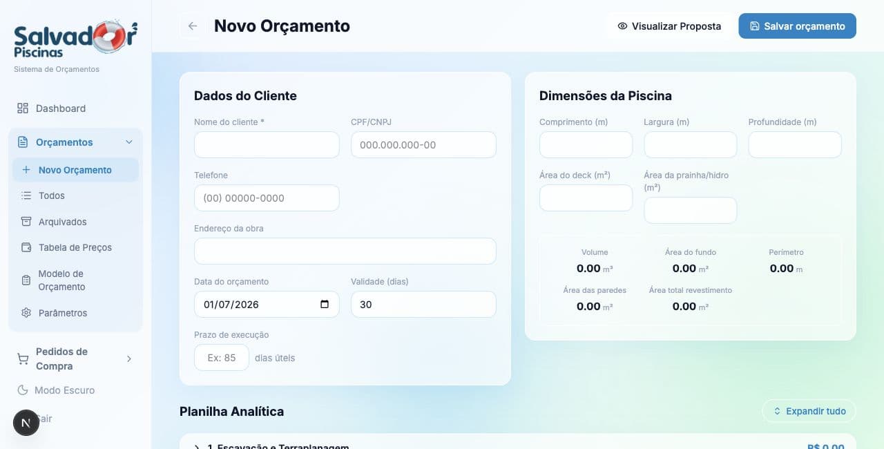 Tela real do sistema de orçamentos da Salvador Piscinas